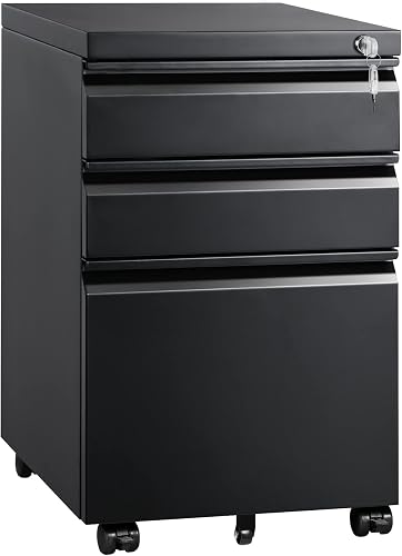 DEVAISE 3 Drawer Mobile File Cabinet with Lock, Under Desk Steel Filing Cabinet for Letter/Legal/A4 Files, Black