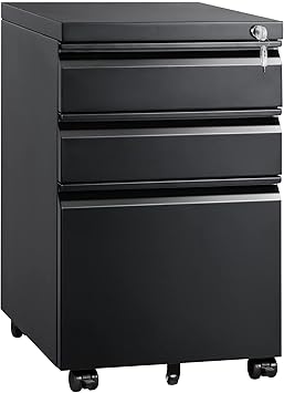 DEVAISE 3 Drawer Mobile File Cabinet with Lock, Under Desk Metal Filing Cabinet for Home Office/Legal/Letter/A4 File, Fully Assembled Except Wheels, Black
