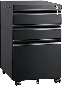 DEVAISE 3 Drawer Mobile File Cabinet with Lock, Under Desk Metal Filing Cabinet for Home Office/Legal/Letter/A4 File, Fully Assembled Except Wheels, Black