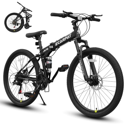 Ecarpat 26 Inch Folding Mountain Bike 21 Speed Full Suspension High-Carbon Steel MTB Dual Disc Brake Foldable Bicycle Folding Bikes for Adults Men Women