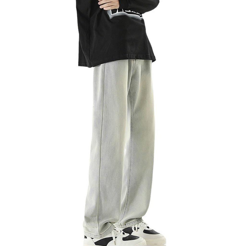 JSEIAJB Casual Loose Jeans Mens Straight Leg and Versatile Long Pants Retro Drape Wide