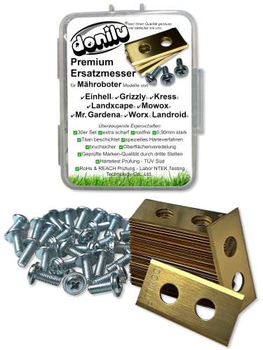 DONILU® Titan Klingen Messer kompatibel mit Mähroboter der Marken Einhell, Ferrex 7mm, Grizzl, Landxcape, Mowox, Mr. Gardena, Worx Landroid, Kress-Zubehör Ersatzklingen Ersatzmesser - 30 Stück Cover