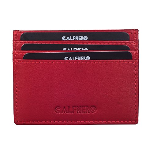Image of Calfnero Genuine Leather Card Holder-Multiple Card Holder with ID Slots-Red Leather Card Case, One Size (1044)