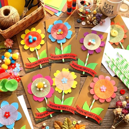 Engrowtic 48 Pcs DIY Mother's Day Flower Craft Kit Happy Mother's Day Card Making Kit with Blessing Message Envelope Make Your Own Flower Greeting Card for Gifts Classroom School Home Activities by Engrowtic - Image 4