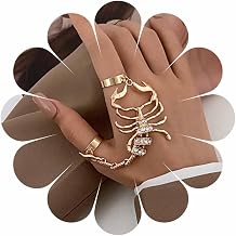 Punk Scorpion Chain Rings Rhinestone Scorpion Knuckle Finger Rings Double Rings with Scorpion Chain Vintage Scorpio Ring Bracelet Hand Harness Halloween Jewelry for Women