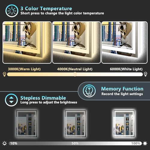 Image of 24x36 LED Bathroom Mirror with Lights, Backlit and Front Lit Anti-Fog Lighted Vanity Mirrors for Bathroom Wall, Dimmable, 3-Color Light, Memory, Shatter-Proof, HD Tempered Glass, CRI>90