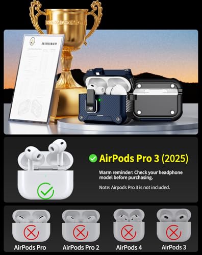 Image of Pohgelan for AirPods Pro 3 Case with Safety Lock-Dark Blue | Carbon Fiber Texture Cover,Magnetic Automatic Lock with Cleaning Kit&Keychain,Compatible with Magsafe