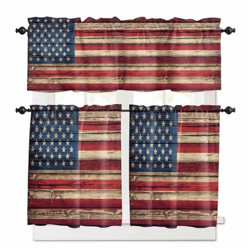 Vintage American Flag Kitchen Curtains 24 Inch Length, 3 Piece Rod Pocket Small Half Tiers and Valance Set, Retro Red Blue Flag Small Large Window Treatment Decor for Bedroom/Bathroom Sink