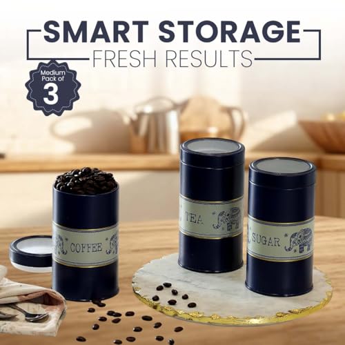 Image of Mandala Collection Airtight Kitchen Container|Set of 3-850ML| Blue Elephants| Food Grade Metal Storage Jars for Tea, Coffee & Sugar| Vacuum Sealed, Moist- Proof Kitchen Canisters