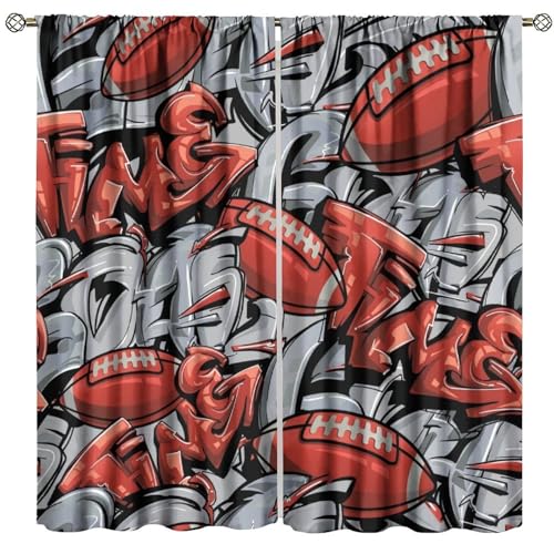 Sports Blackout Curtains, American Football Rugby Ball Art Style Graffiti Window Drapes, for Teens Kids Boys Young Man Living Room Bedroom 26(W)*84(L) 2 Panels