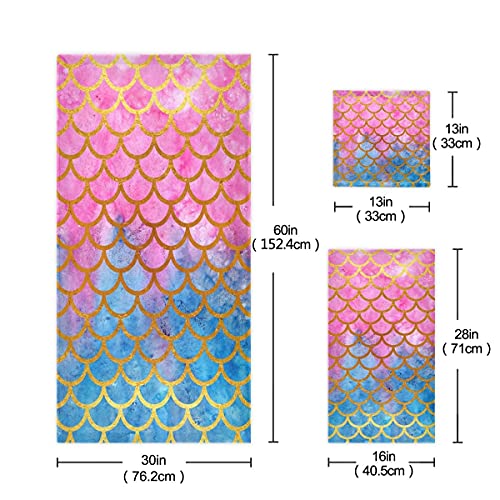 Naanle Chic Fantasy Mermaid Scales Print Soft Luxury Decorative 3 Pieces Set Towels, 1 Bath Towel+1 Hand Towel+1 Washcloth, Multipurpose For Bathroom, Hotel, Gym, Spa And Beach(Pink Blue) #TOP2