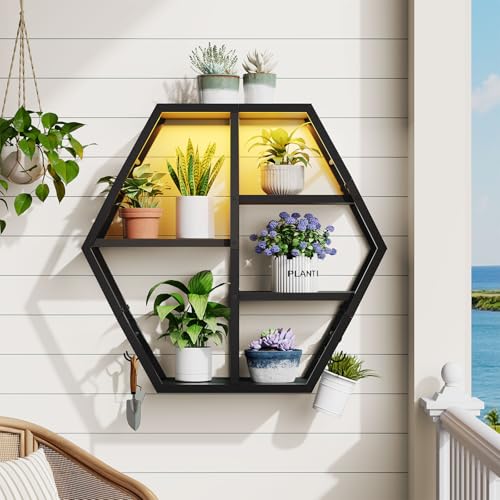 Image of HOOBRO Gaming Floating Shelves with LED Lights, Gaming Wall Mounted Shelf, Hexagonal Display Rack for Wall Storage, Floating Rack with 4 S-Hooks, for Gaming Room, Black BB76DBJ01