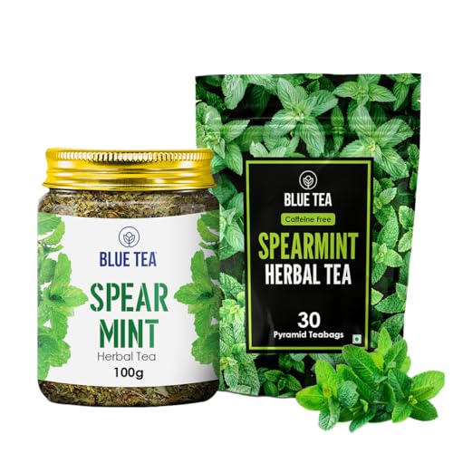 Image of BLUE TEA - Combo Pack - Spearmint Herbal Tea - 100 gm & 30 Tea Bags - Plant Based | Pcos Relief | Balances Hormones | Reduces Facial Hair & Acne | Supports Digestion | Herbal Tea - Caffeine Free | Zipper & Pet Jar