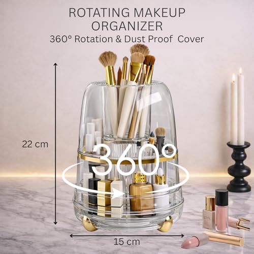 Image of KiZY Luxury 360 Rotating Makeup Brush Holder Organizer | Countertop Organizer Skincare Storage for Vanity, Desktop, Bathroom, Cosmetics | Lipstic, Eyeliners, Perfume Storage. (TRANS WITH LID)
