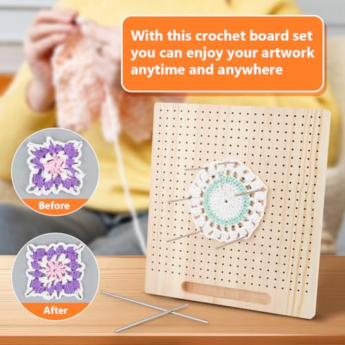 بينيكريت لوح لحجب الكروشيه مقاس 33 × 30 سم، بساط خشبي مع 12 قضيب من الستانلس ستيل لمشاريع الحياكة والكروشيه التي تصنعها بنفسك