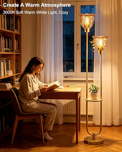 Image of Lightdot 2-Lights Glass Floor Lamp with Table Mid Century Modern Gold Standing Tall Lamps with Amber Glass Shade,LED Floor Lamp with Foot Switch for Living Room Bedroom Home Decor (Bulbs Included)