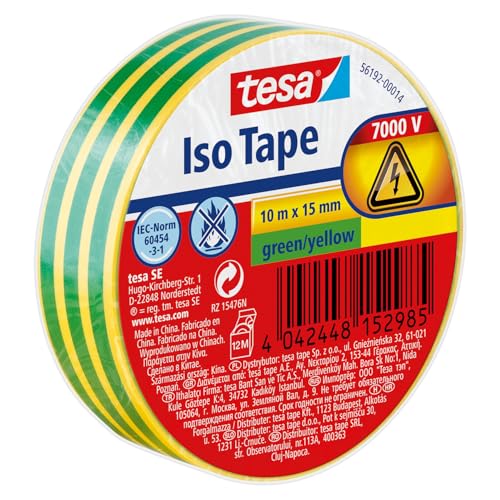 Image of tesa Insulating Tape - Self-adhesive Insulating Tape, Heat-Resistant - for Insulating, Repairing and Bundling - 10 m - Green/Yellow