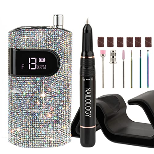 Professional Rechargeable Nail Drill by Nailology | Portable 35000RPM Efile for Acrylic and Gel Nails | Rhinestone Nail Drill Kit with 6 Interchangeable Bits | Manicure Tool for Salon and Personal Use
