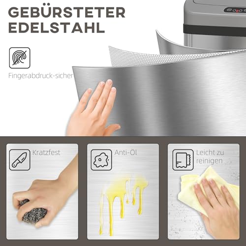 Der robuste HOMCOM 48L Mülleimer aus gebürstetem SUS 201 Edelstahl - Detailansicht von HOMCOM 48L Sensor Mülleimer...