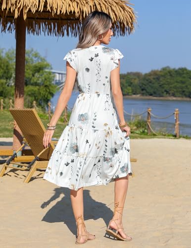 Zeagoo Damska sukienka o linii A, letnia sukienka z dekoltem w serek, sukienka midi, falbanki, rękawy, sukienka plażowa, letnia elegancka sukienka z kieszeniami, XL