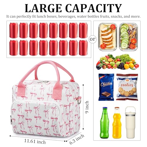 TESAFNG Lunch Box for Women Insulated Lunch Bag Cute Corduroy Lunch Tote Bags Lightweight Reusable Leakproof Cooler Bag with Adjustable Shoulder Strap for Work Office Travel Picnic (Pink Bow)