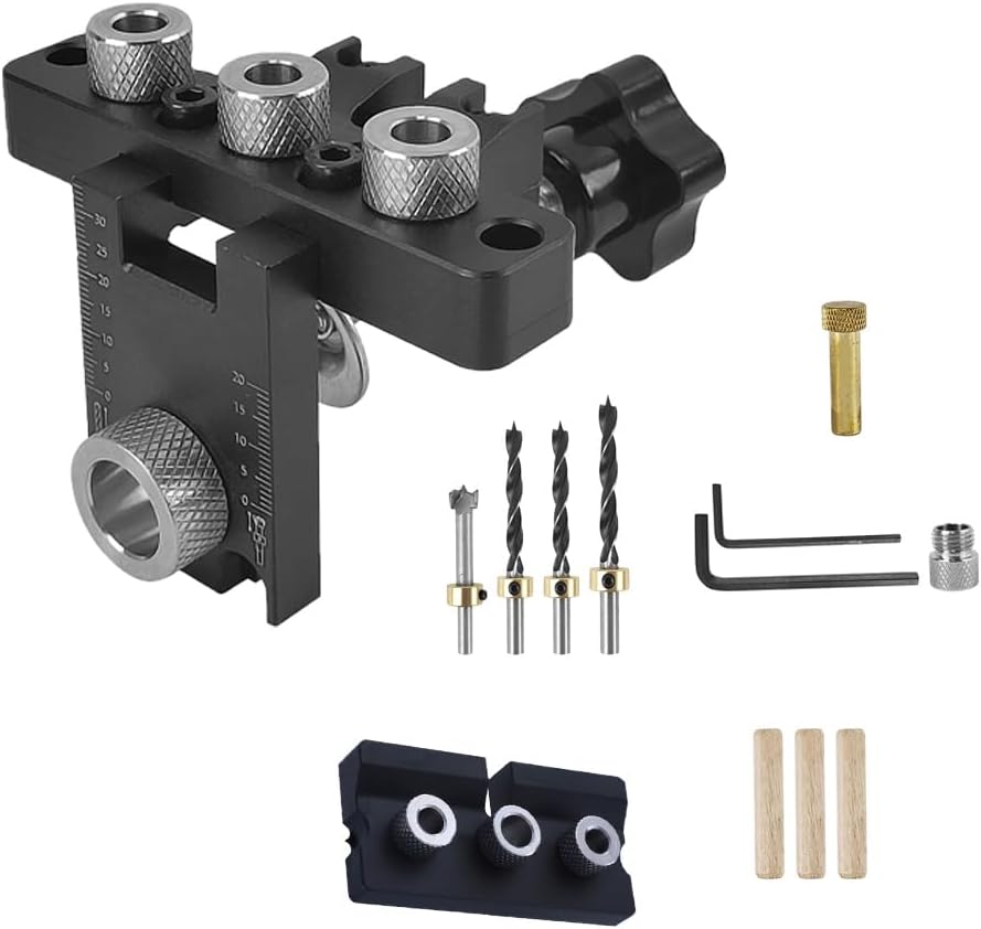 TopHomer 3-in-1 Pocket Hole Jig Kit, Drilling Template Self-Centering for Woodworking Exact dowel holes, Adjustable Drill Guide Punch Locator Carpentry Tools, with 8/10 mm Positioning Bits (Mini B)