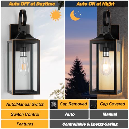 Image of 19 inch Dusk to Dawn Outdoor Lighting Porch Lights Black with Gold Trim 2 Pack | Large Outdoor Wall Lights, Sensor Exterior Lighting Fixtures, Toughened Glass, E26 Socket, Waterproof for House Garage