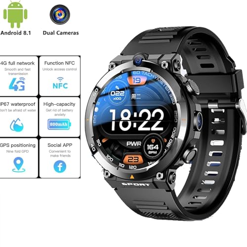 Smartwatch con supporto SIM 4G, doppia fotocamera, cardiofrequenzimetro, NFC per pagamenti contactless, design ultra sottile, ideale per il monitoraggio del fitness e l'uso quotidiano