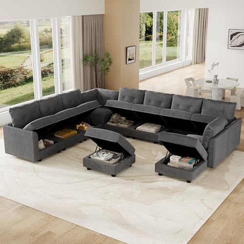 Image of LLappuil 11-Seat Modular Sectional Sofa with Storage, Oversized V-Shaped Corduroy Couch with 10 Throw Pillows, Pet-Friendly Convertible Pit Sofa for Large Living Room, Skin-Friendly, Grey