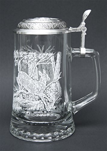 James Meger Glass White Tail Deer Stein, Etched German Glass Beer Stein W/ Pewter Lid, Made In Germany #TOP6