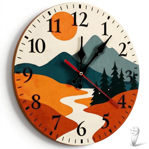 LANXINI Minimalist Landscape Wall Art Clock Featuring Mountain River Sun