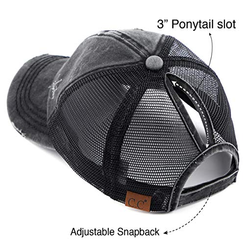 Image of C.C Exclusives Washed Distressed Cotton Denim Criss-Cross Ponytail Hat Baseball Cap Bundle Hair Tie (BT-1007)