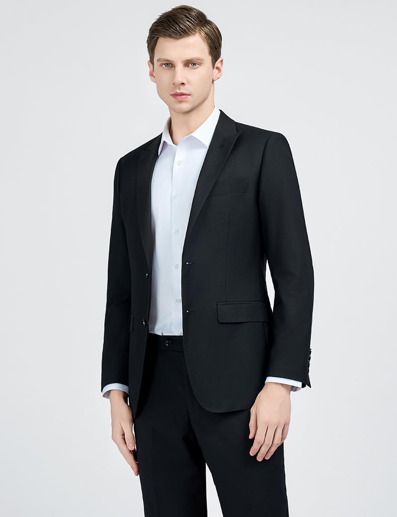 Men's Black Suit Jacket, Two-Button Single-Breasted Blazer, Peak Lapel, 80% Polyester 20% Viscose