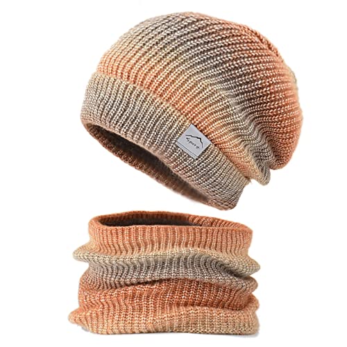 Gorro de Invierno, Gorros de Invierno for Mujer, Conjunto Gorro y Bufanda Punto Grueso cálido con protección for Las Orejas Lana degradada(Orange)