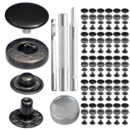 15mm 831# Snap Fastener Stainless Steel Poppers Press Stud Cap Button for Bag Coats Marine Clothes Jackets Jeans Braccelets Gunmetal Black (30sets with Tools)