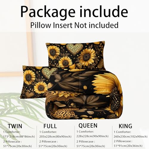 Image of Black Sunflowers Comforter Set Full for Girls Women Kids,Yellow Floral and Leopard Print Heart Pattern Bedding Set,3-Pieces Soft Microfiber Botanical Quilt Set for Bedroom Decor