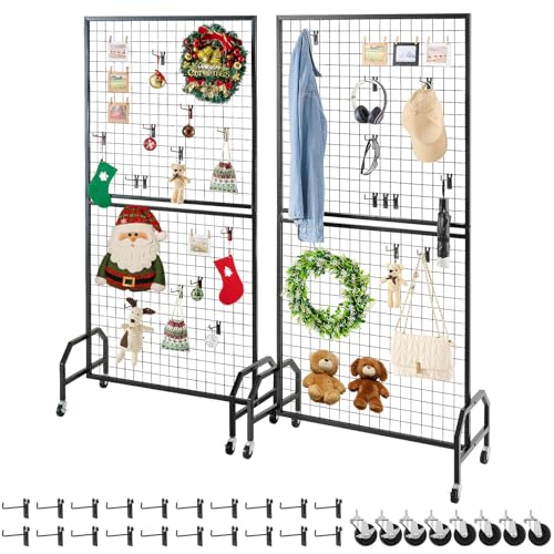 VEVOR Gitterwandpaneele Gitterwand (898 x 400 x 1798 mm) 2 STK. rollbarer Präsentationsständer mit 20 Haken, Präsentationsregale aus Kohlenstoffstahl Kunstausstellungsregal für Dekoration Lagerung