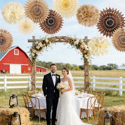 Image of SUNBEAUTY Brown Party Decorations Boho Wedding Party Decor Brown Beige Tissue Pom Poms Paper Fans Hanging Neutral Women Birthday Party Decorations Bridal Shower Baby Shower Rustic Engagement Decor