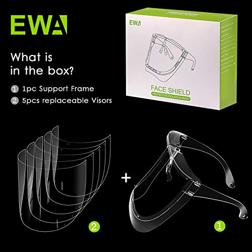 Ewa (5 Replaceable Visors Packed) Clear Safety Face Shield, Super Lightweight High-Definition Reusable Transparent Glasses, Protective Anti-Fog Shields, 1 Glass Frame + 5 Visors #TOP2