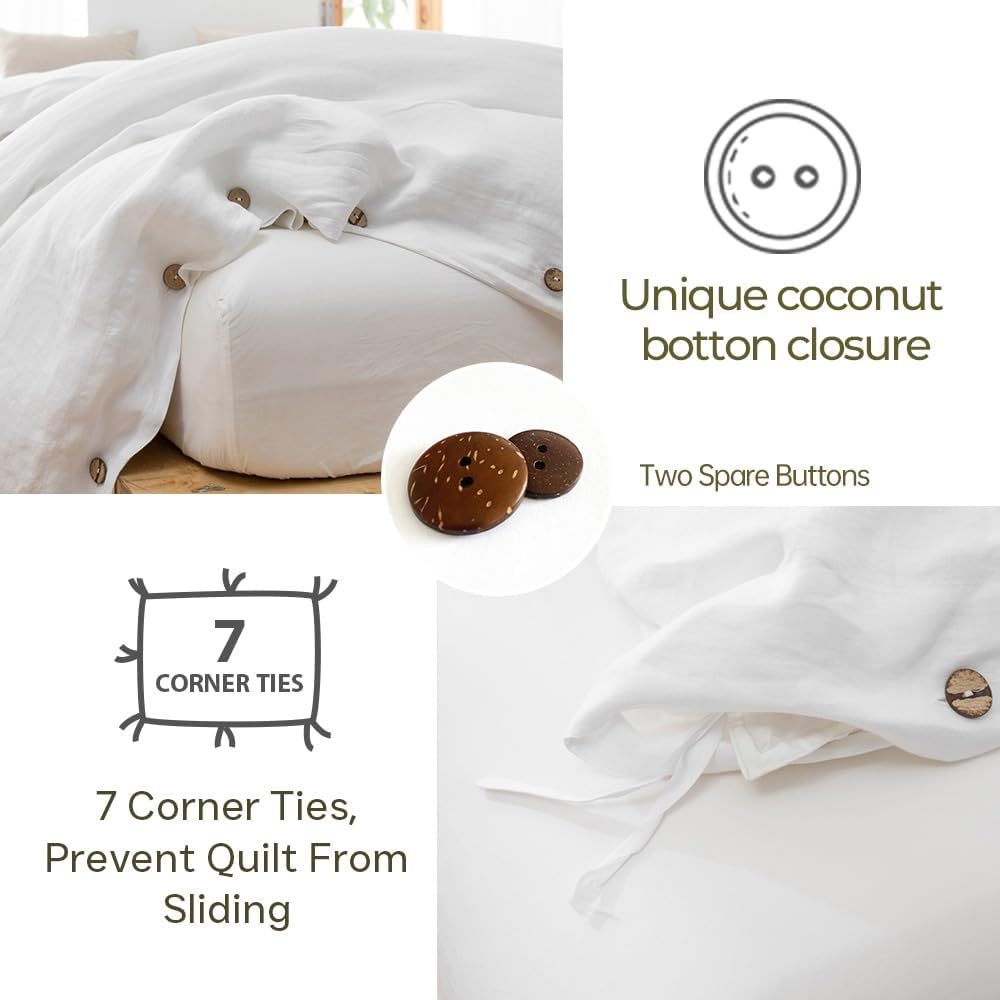 Simple&Opulence 100% Washed Linen Duvet Cover, 3 Pieces Natural Flax French Country Bedding Set, Breathable Farmhouse Comforter Cover with Coconut Button Closure(King,White)