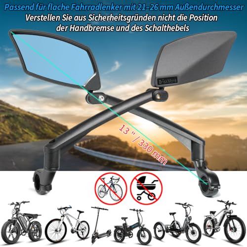 BriskMore Lenker Fahrradspiegel, Anti-Glare blaue konvexe Glaslinse für flache Lenker, kratzfest… – Ansicht 2