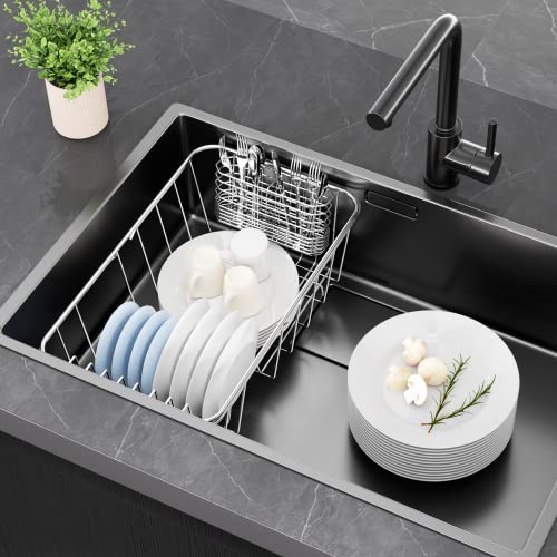 Sink Dish Drainer Rack Adjustable, Expandable 304 Stainless Steel Metal Dish Drainer Rack Organizer Shelves With Stainless Steel Utensil Holder Over Inside Sink, Rustproof #TOP1