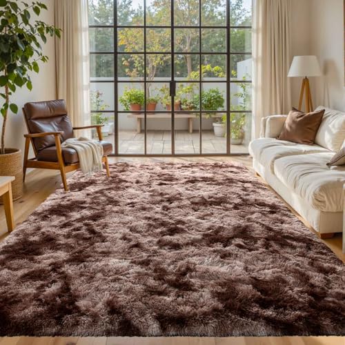 5x8 Brown Rugs for Living Room Fluffy Fur Bedroom Area Rug,Rustic Plush Non-Slip Dark Carpet for Book Room Office,Coffee Stain Resistant