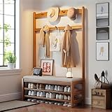 LYHHYLDM Wood Hall Tree with Shoe Bench, Modern Entryway Cabinet with Coat Rack, All in One Shoe Rack with 7 Hooks for Hallway, Bedroom, Mudroom Wood-B 39×12×67