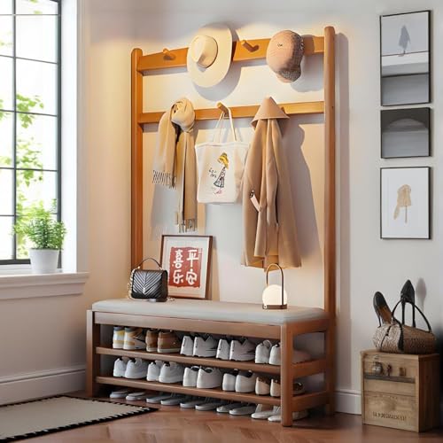 LYHHYLDM Wood Hall Tree with Shoe Bench, Modern Entryway Cabinet with Coat Rack, All in One Shoe Rack with 7 Hooks for Hallway, Bedroom, Mudroom Wood-B 39×12×67"