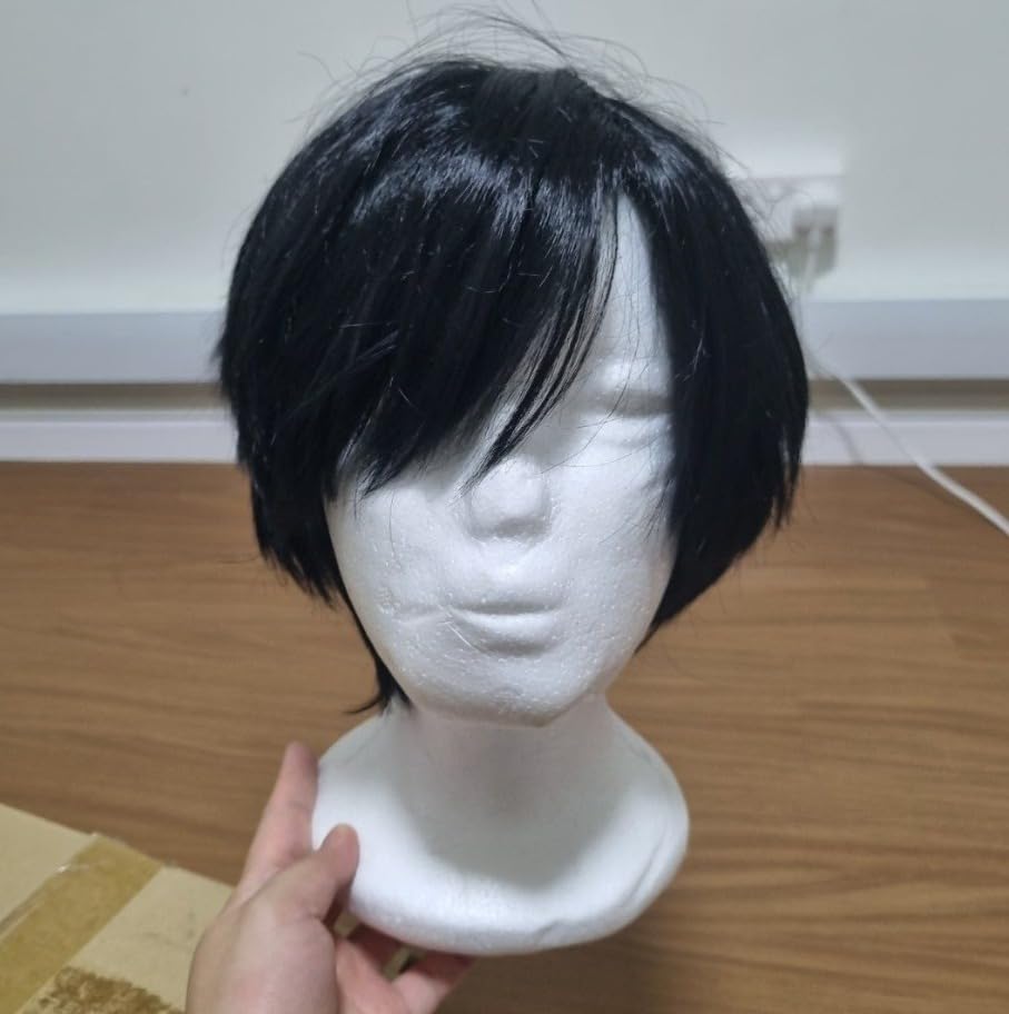 Black Short Wig Straight Bob Hair Wig for Men with Bangs Synthetic Daily Use Wig Party Costume Cosplay Wear (Black Color) + 02 Wig Cap Free