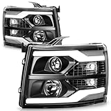 Auto Dynasty LED DRL Headlights Assembly Compatible with 2007-2014 Chevy Silverado 1500 2500HD 3500HD, Driver and Passenger Side Halogen Headlamps w/Dual DRL Strip, Black Housing Clear Corner