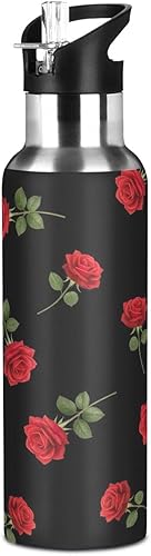 Miniatura 8 de Red Roses Green Leaves Black Insulated Water Bottle 32 Oz, BPA-Free Sports Water Bottle with Straw Leakproof Water Bottles