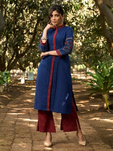 Image of GoSriKi Kurta Sets for Women Viscose Dyed | Kurta Palazzo Set | Straight Kurti Set for Women | Round Collar Neck 3 /4 Sleeve Ethnic Outfit | Designer Indian Kurti Top with Palazzo Pants