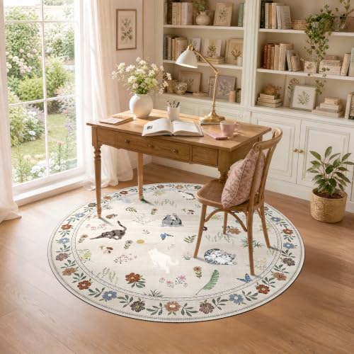 AIMPEAK 4ft Round Washable Area Rug - Non Slip Low Pile Cat Floral Boho Circular Carpet for Dining Table Under, Entryway, Living Room, Bedroom, Nursery, Kids Room, Beige Multi by AIMPEAK - Used condition - Image 4